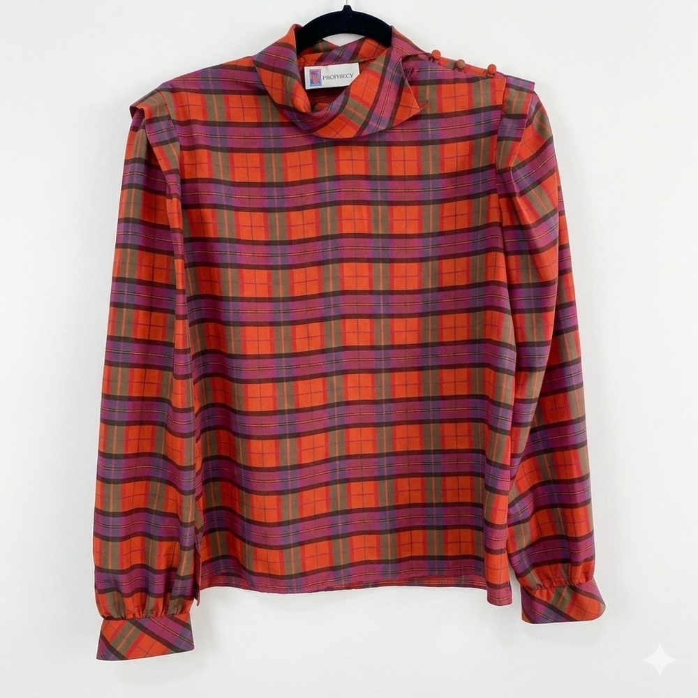 VTG Prophecy Plaid Mock Neck Blouse Orange‎ Purple MCM